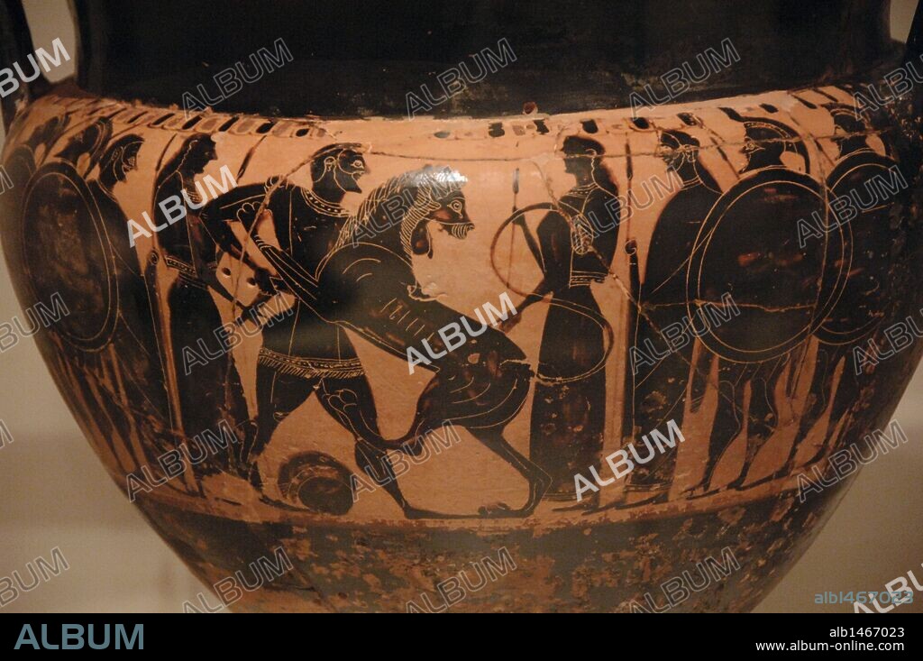 ARTE GRIEGO. CRATERA pintada con FIGURAS NEGRAS representando uno de los DOCE TRABAJOS DE HERCULES. PRIMER TRABAJO: MATAR AL LEON DE NEMEA Y TOMAR SU PIEL. Procede de Thespiai. Realizada por el Pintor del Louvre. Datada entre 550-540 a. C. Detalle. Museo Arqueologico Nacional. Atenas. Grecia.