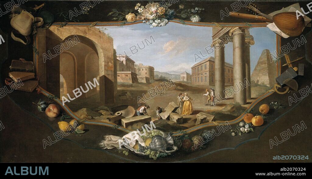 Charles Joseph Flipart / 'Paisaje con perspectiva arquitrectónica, columnas y pirámide con cenefa decorativa en trampantojo', Hacia 1779, Escuela Francesa, Óleo sobre Lienzo, 91 cm x 171 cm, P07826.