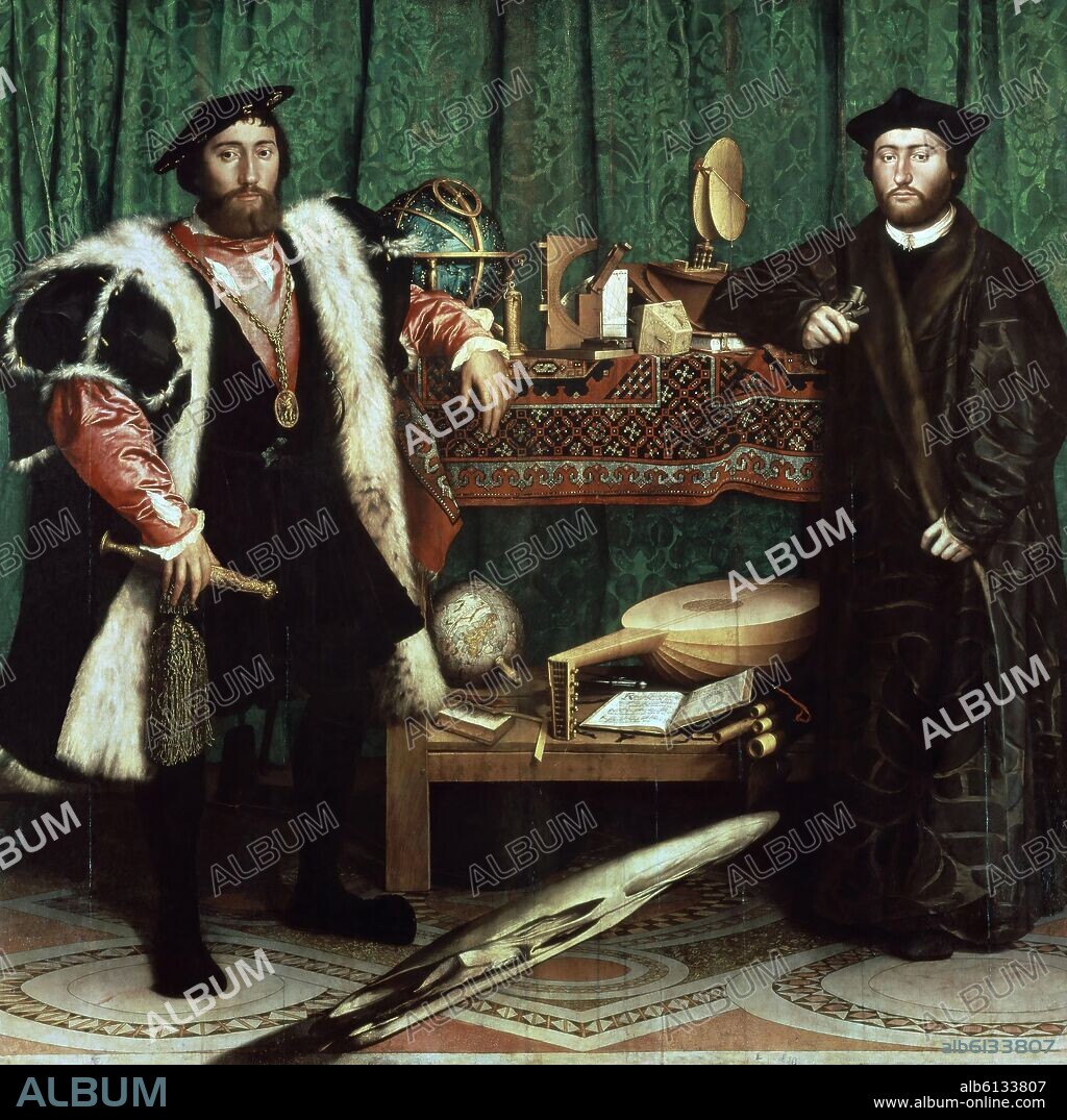 HANS HOLBEIN EL JOVEN (1497-1543). LOS EMBAJADORES JEAN DE DINTEVILLE Y GEORGES DE SELVE (ANAMORFOSIS EN LA PARTE INFERIOR) - 1533 - RENACIMIENTO ALEMAN.