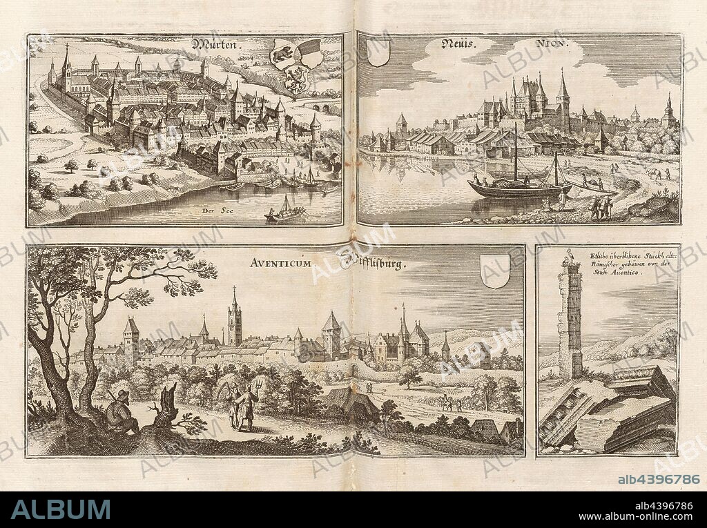 Murten, Neuis - Nion, Aventicum - Wifflisburg and surviving pieces of ancient Roman mothers from Statt Aventico, Murten in the canton of Friborg, Nyon, Avenches and Roman ruins in the canton of Vaud, Fig. 21, p. 34, Matthaeus Merian der Ältere: Topographia Helvetiae, Rhaetiae, et Valesiae: das ist, Beschreibung und eygentliche Abbildung der vornehmsten Stätte und Plätze in der hochlöblichen Eydgnossschafft, Graubündten, Wallis, und etlicher zugewandten Orthen. Franckfurt am Mayn: zum Truck verlegt von denen Merianischen Erben, im Jahr M DC LIV. [1654].