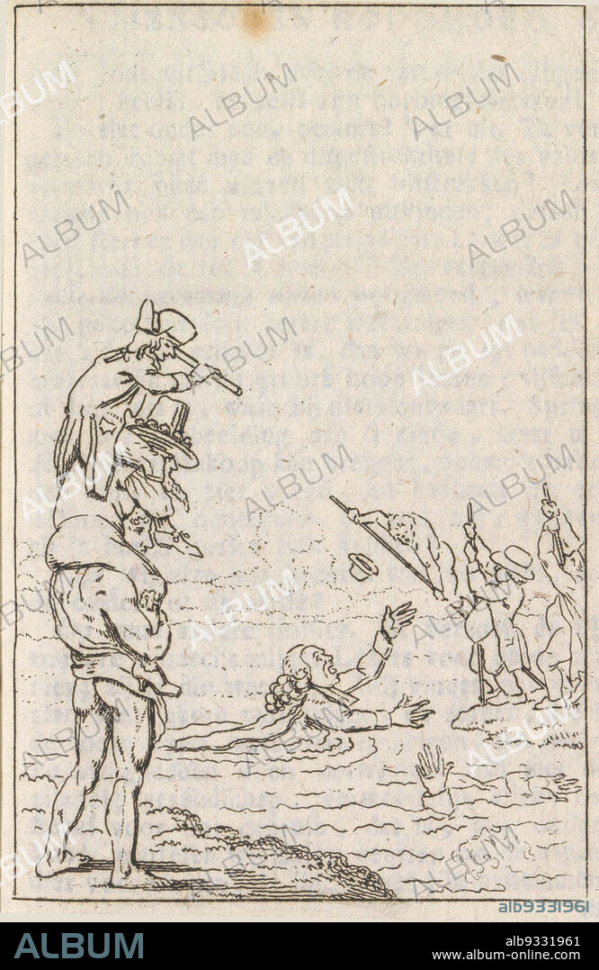 Preacher in the water, Cartoon of a preacher as a drowning man in the water. In the foreground three figures sitting on each other's shoulders look on. In the background a number of people fierljeppen. Illustration in Pieter van Woensel's almanac 'De Lantaarn for 1798'., print maker: Pieter van Woensel, Netherlands, 1797 - 1798, paper, etching, height 115 mm × width 80 mm.