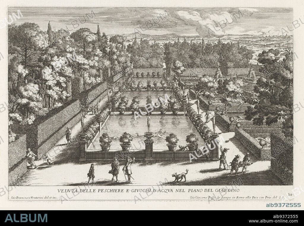 Fish ponds in the gardens of the Villa d'Este at Tivoli, Veduta delle peschiere e giuochi d'acqua nel piano del giardino (title on object), Le fontane del giardino Estense in Tivoli (series title), Fountains in the gardens of the Villa d'Este at Tivoli (series title), Numbered lower right: 20. The print is part of an album., print maker: Giovanni Francesco Venturini (mentioned on object), Giovanni Francesco Venturini (mentioned on object), print maker: Italy, Italy, publisher: Rome, Vaticaanstad, 1653 - 1691, paper, etching, height 219 mm × width 324 mm.