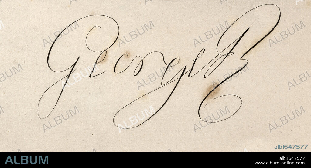 George III, 1738-1820.Signature. George William Frederick. King of Great Britain and Ireland, and King of Hanover 1815-1820. From the book 'National Portrait Gallery Volume I' published 1830.