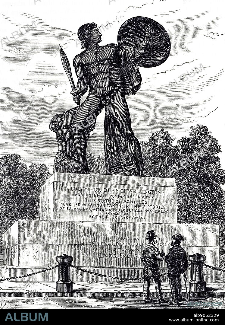 An engraving depicting the Achilles Statue, Hyde Park, sculptured by Richard Westmacott, 1822. The statue was a tribute to Wellington and his men from the women of England. Richard Westmacott (1775-1856) a British sculptor. Dated 19th century.