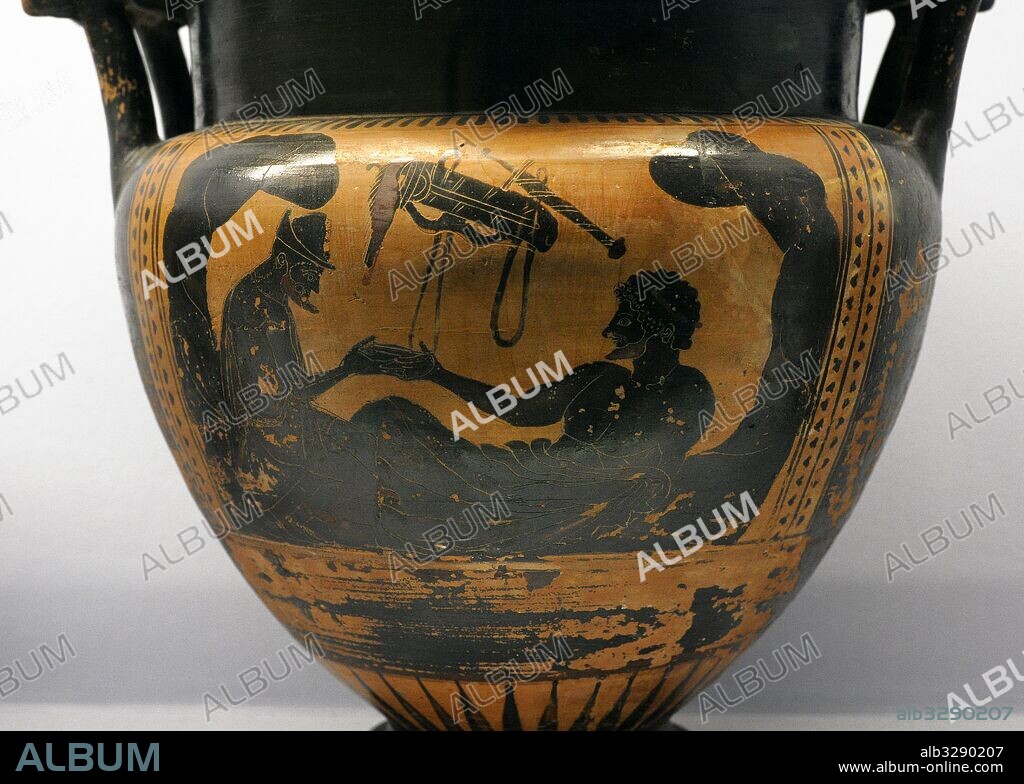 Crátera griega con la representación del héroe Hércules y el Dios Hermes en un banquete en una cueva. 510-500 a. C. Realizada en Atenas. Obra del pintor de Rycroft. Cerámica. Figuras negras. Detalle. Museo Arqueológico Nacional. Nápoles. Italia.