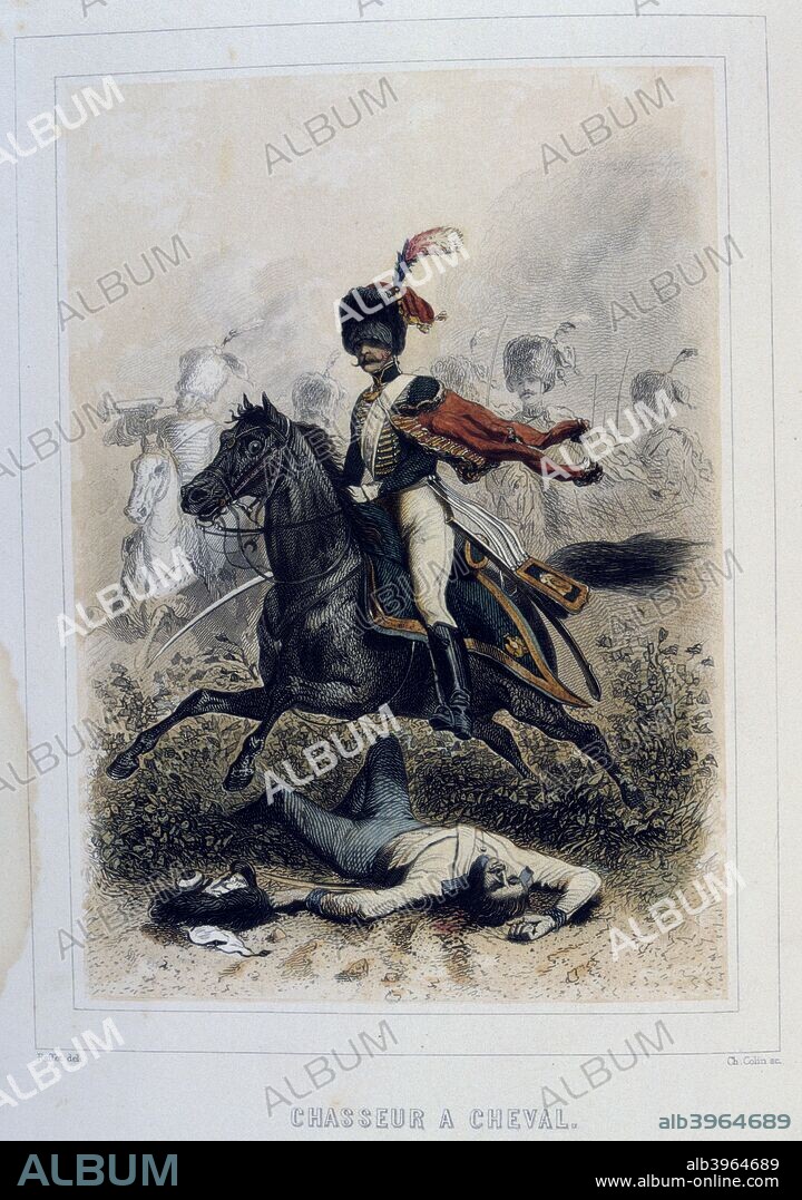 'Chasseurs à Cheval', (light cavalry), 1859. A depiction of French Military attire from the book Napoleon 1er et la Garde Imperiale, by Eugene Fieffe, 1859.