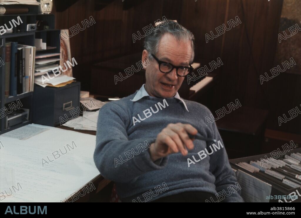 Portrait of B.F. Skinner at his home in Cambridge, Massachusetts. Burrhus Frederic (B.F.) Skinner (March 20, 1904 - August 18, 1990) was an American psychologist, behaviorist, author, inventor, and social philosopher. He invented the operant conditioning chamber, also known as the Skinner Box. Skinner believed that human and animal behavior is conditioned by positive or negative reinforcement as opposed to free will.
