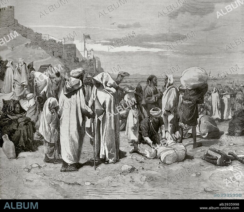 Islam. Marruecos. Peregrinaje de musulmanes a La Meca. Durante el mes del Ramadán muchas familias marroquíes, y de otras regiones de Africa, acampaban en las afueras de la ciudad para ser embarcadas rumbo a La Meca. Embarque de peregrinos en Tánger. Dibujo por José Luis Pellicer (1842-1901). Grabado. La Ilustración Española y Americana, 8 de noviembre de 1876. Biblioteca Histórico Militar de Barcelona. Cataluña, España.