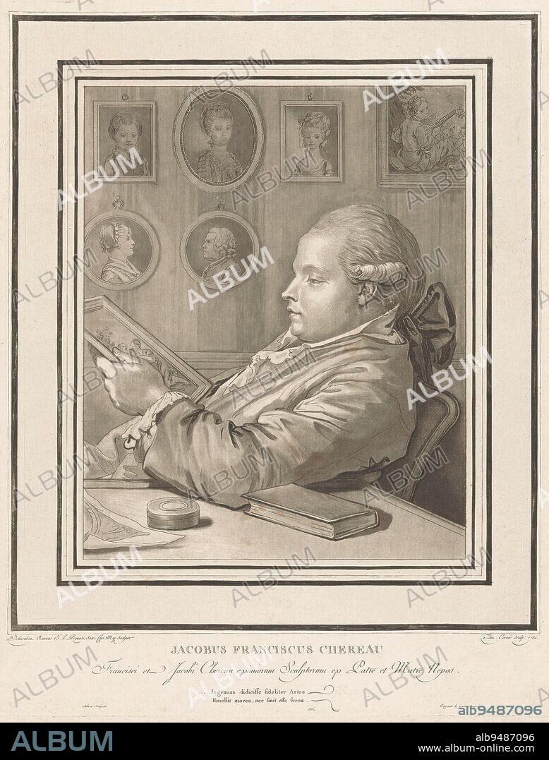 Portrait of Jacques-François Chéreau, The print dealer Jacques-François Chéreau, viewing a print, print maker: Antoine Carrée, (mentioned on object), after drawing by: Benoit Louis Prevost, (mentioned on object), Aubert, (mentioned on object), print maker: France, after drawing by: Amiens, printer: France, 1780, paper, etching, height 288 mm × width 228 mm.