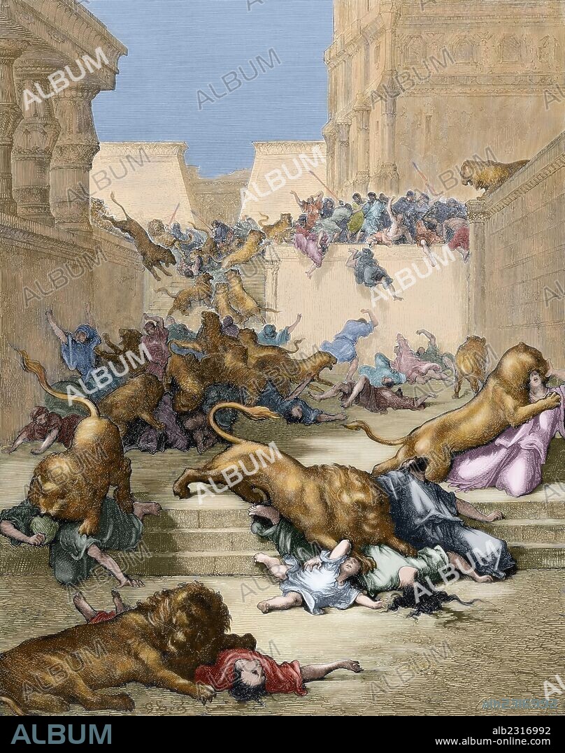 PAUL GUSTAVE DORÉ. Old Testament. People devoured by lions in Samaria. Book I. Kings. Engraving by Gustave Dore. 19th century. Colored.