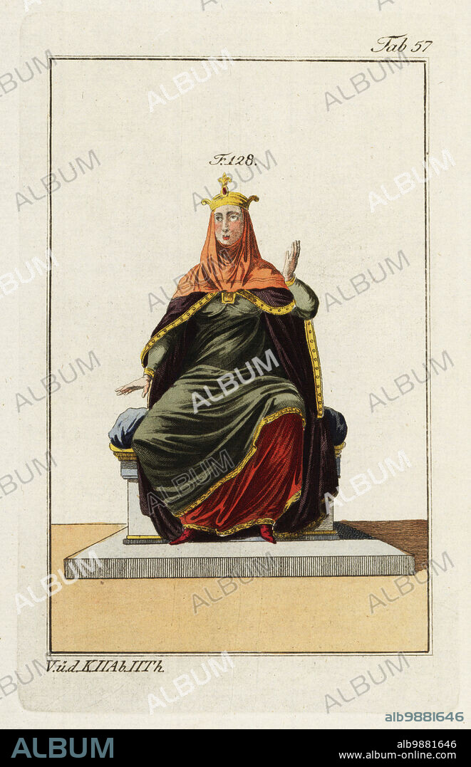 A Norman queen wearing mantle fastened with large brooch, veil and wimple, and gold crown seated on a throne 128. The robes are bordered with gold embroidery. Handcolored copperplate engraving from Robert von Spalart's Historical Picture of the Costumes of the Principal People of Antiquity and Middle Ages, Vienna, 1802.