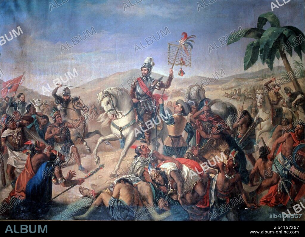 CORTES, HERNAN CONQUISTADOR ESPAÑOL. MEDELLIN 1485-1547 BATALLA DE OTUMBA EN 1520 OLEO ANONIMO MUSEO DEL EJERCITO .MADRID.