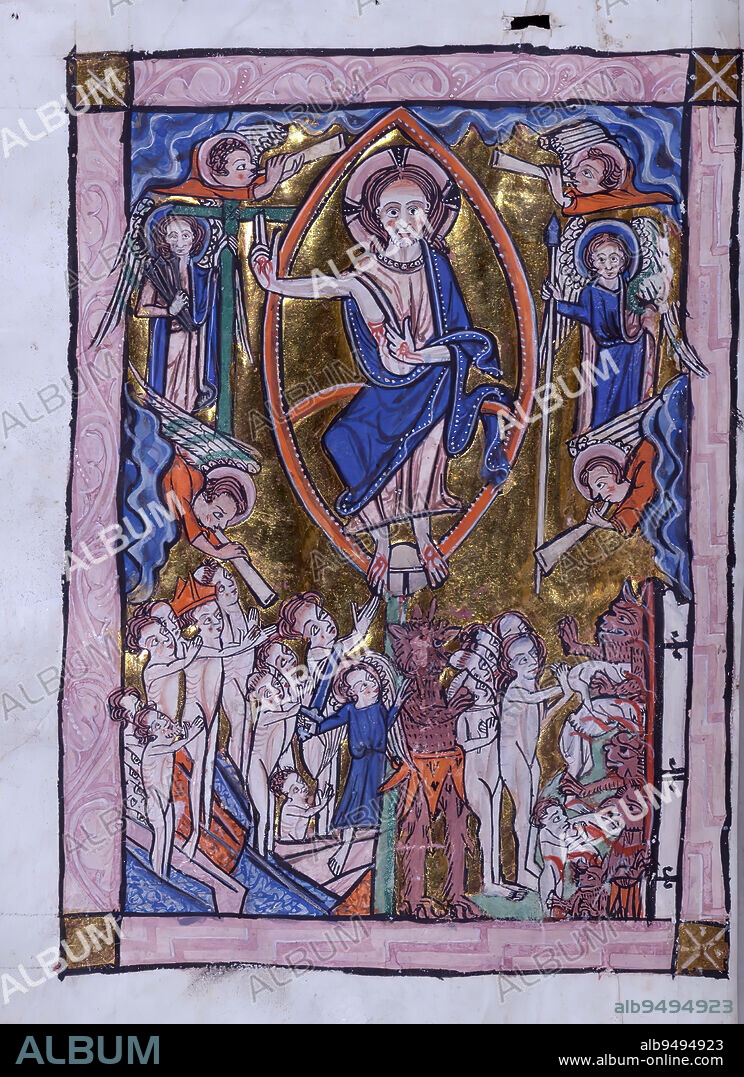 Carrow Psalter, Above: Last Judgment with Christ in Majesty; Below: Resurrection of the dead, and Devil herding damned into Hell, This English manuscript was made in East Anglia in the mid-thirteenth-century for a patron with special veneration for St. Olaf, whose life and martyrdom is prominently portrayed in the 'Beatus' initial of Psalm 1. Known as the 'Carrow Psalter,' due to its later use by the nunnery of Carrow near Norwich, it is more accurately described as a Psalter-hours, as it contains the Office of the Dead, the Hours of the Virgin, and Collects. The manuscript is striking for its rich variety of illuminations, including full-page cycles of saints, martyrs, and Biblical scenes, as well as historiated initials within the Psalter, and heraldry added in the fifteenth-century to undecorated initials in the Hours of the Virgin. Especially notable is the miniature portraying the martyrdom of St. Thomas Becket, for after Henry VIII found him guilty of treason in 1538, his image was concealed by gluing a page over it, rather than destroying it, and it has since been rediscovered.