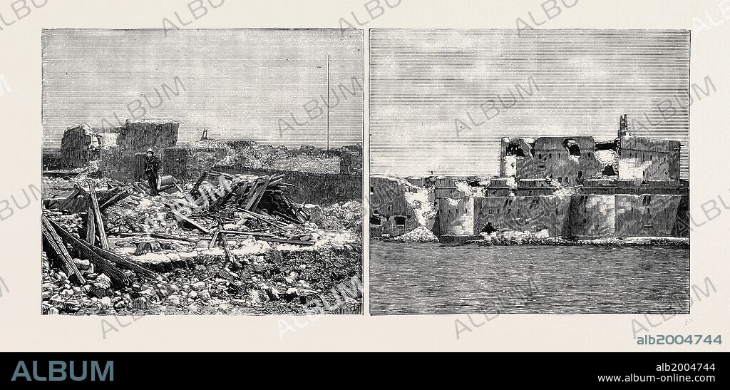 THE WAR IN EGYPT, THE EFFECT OF THE BOMBARDMENT: THE ALEXANDRIA FORTS: THE RUINS OF FORT MEX (LEFT); FORT PHAROS (RIGHT).