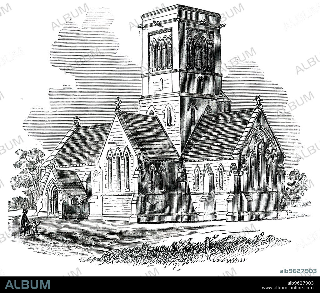 New Church of St. Paul, Rusthall, near Tunbridge Wells, 1850. 'The style is early English. The walls are very thick, and are constructed entirely of the stone of the country, from Mr. Powell's quarry. It is capable of containing 430 adults and children...The tower is 23 feet square externally, 78 feet high, and is supported by very bold splayed piers and arches, with the addition of shafts and mouldings to that arch only which faces the east...The octagonal stone turret terminates under the upper stage, and the belfry has four moulded lancelets opening on each face, with corbelled parapet. The roofs are covered with Staffordshire tiles...The architect of this handsome church is Mr. Henry J. Stevens, of Derby, who has been assisted in the superintendence by Mr. N. E. Stevens, of Rusthall. The builder is Mr. Constable, of Penshurst'. From "Illustrated London News", 1850.