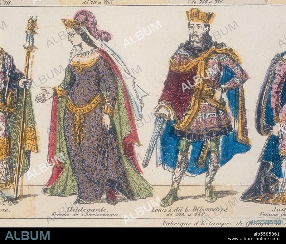 Ludwig I., der Fromme, Kaiser (814-840). Chasseneuil bei Poitiers 778 - Ingelheim. 20.6.840. "Hildegarde, Femme de Charlemagne." / "Louis I, dit le Débonnaire, de 814 à 840." (Hildegard, Gemahlin Karls d. Gr.; Ludwig I., der Fromme). Holzstich, koloriert, um 1850; Bilderbogen (Gangel), Det.; Privatslg. Frankreich.