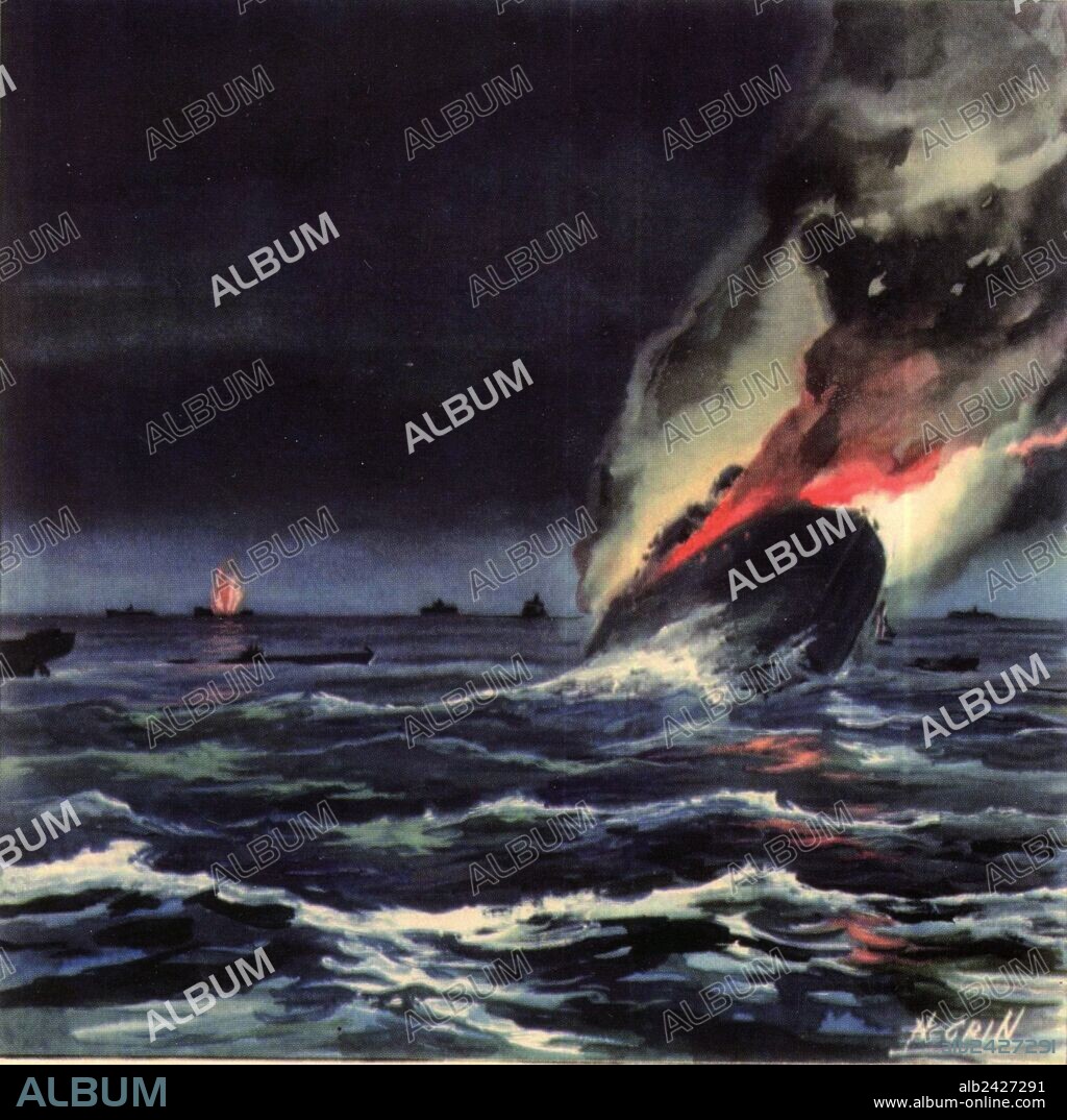 Illustration World War II war at sea 1940 1945-Italian Navy. Italian submarines and submarine warfare. BETASOM, Italian language acronym of Bordeaux Sommergibile, the ubmarine base established at Bordeaux by the Italian Regia Marina Italiana during World War II. From this base, Italian submarines participated in the Battle of the Atlantic from 1940 to 1943 as part of the Axis anti-shipping campaign against the Allies. Original illustratoon published in Vedetta Atlantica the ufficial magazine of submarine italian crews in Betasom.