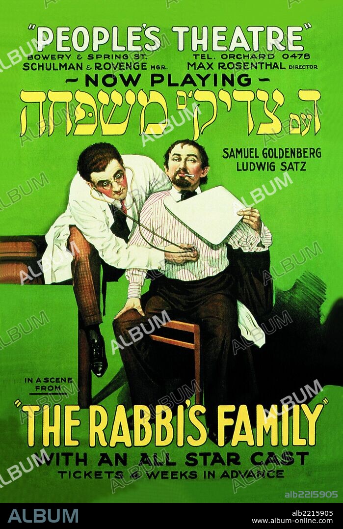 A Jewish Play which in Yiddish reads, Der Rabbi's Mischpocha in incorrect Yiddish already being mixed with English in the Lower East Side play of that title for the Vibrant Jewish Theatre.  A doctor uses a stethoscope on a patient starring in the play.