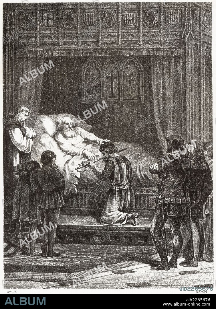 Historia de España. El rey Jaime I el Conquistador entrega su espada a su hijo don Pedro III (1240-1285) a su muerte en 1276. Grabado de 1872.