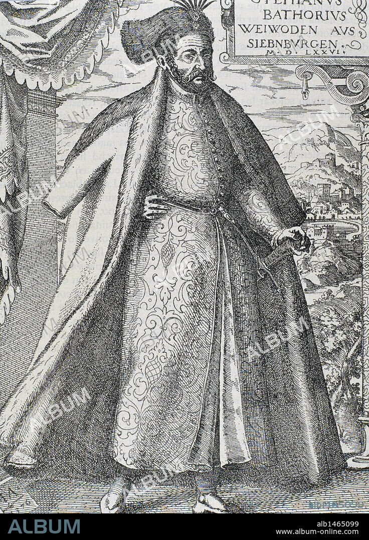 BATHORY, Esteban I (1533-1586). Rey de Polonia (1575-1586). En la guerra con Rusia (1579-82), triunfó sobre Iván el Terrible. El apellido Bathory proviene de una antigua familia húngara del s. XIII. Grabado.