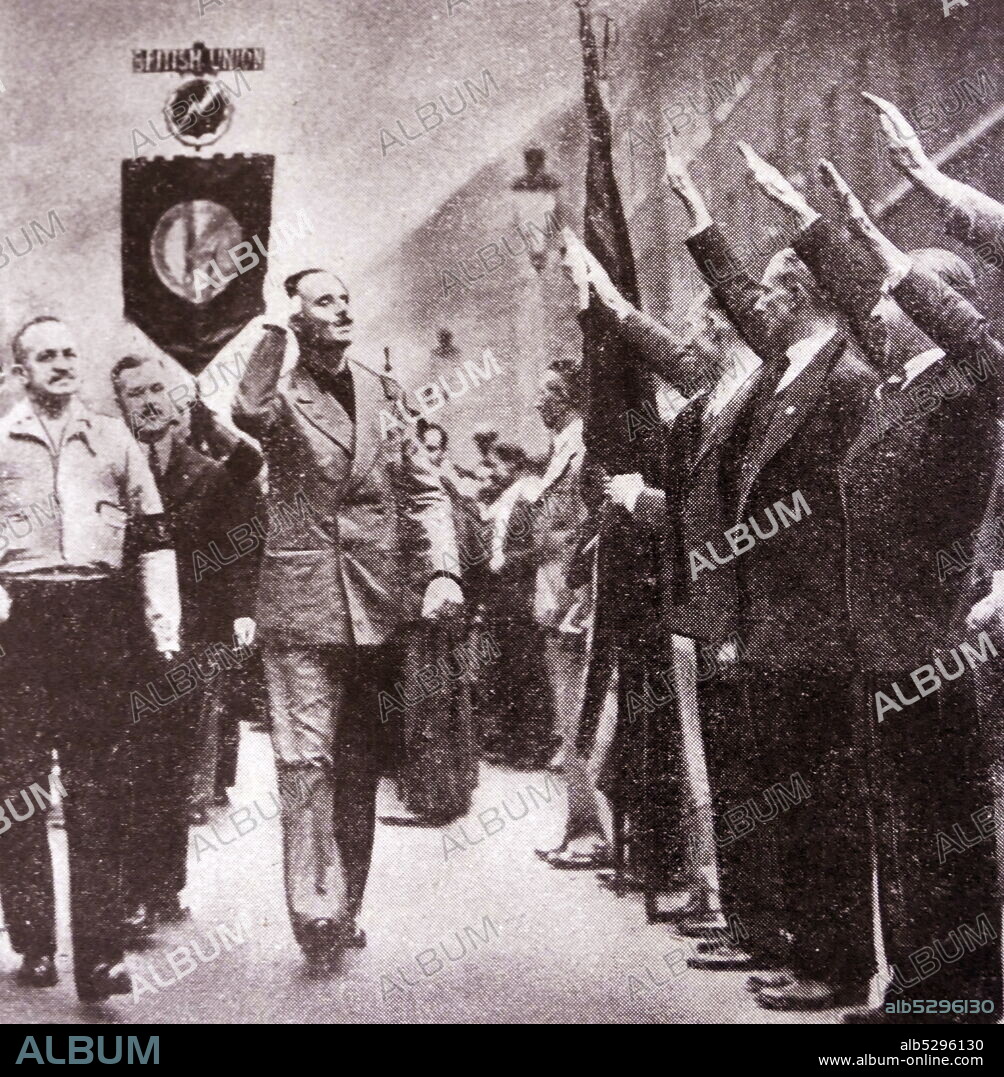 Black and white photograph of Sir Oswald Mosley, head of the British Fascist Party, inspecting his men during a demonstration in London.