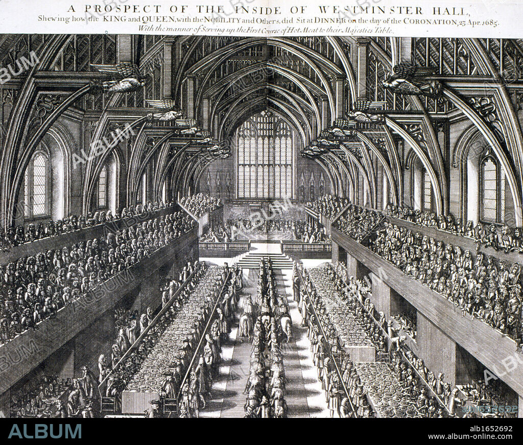 James II of England VII of Scotland (1633-1701). Reigned 1685-1688. Coronation of James II and his queen Mary (of Modena), 1685. Scene in the Banqueting Hall, Whitehall, London, celebrating the coronation. Engraving.