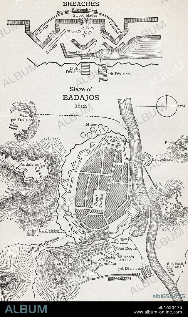 Map showing the site of the Siege of Badajoz, Spain 1812. From the book How England Saved Europe, The Story of the Great War, 1793-1815 published 1909.
