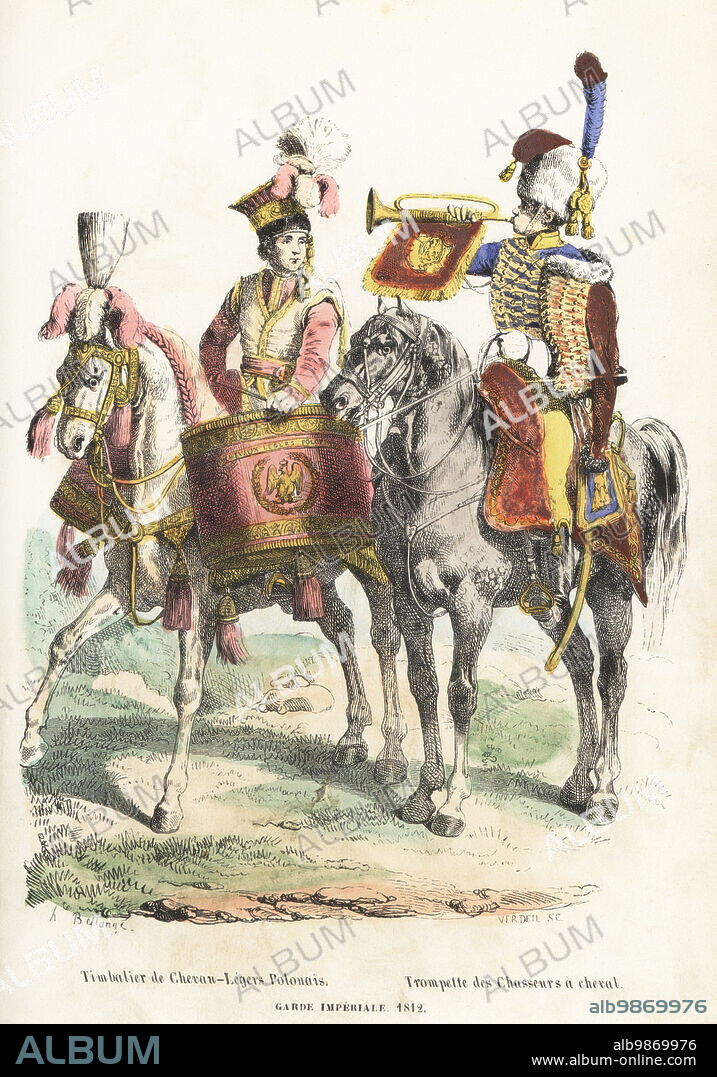 Musicians of the French Imperial Guard cavalry, 1812. Kettledrummer of the 1st Polish Light Cavalry Lancers and trumpeter of the Horse Chasseurs. Timbalier de Chevau-Legers Polonais, Trompette des Chasseurs a cheval, Garde Imperiale 1812. Handcoloured woodcut by Pierre Verdeil after an illustration by Hippolyte Bellangé from P.M. Laurent de lArdeches Histoire de Napoleon, Paris, 1840.