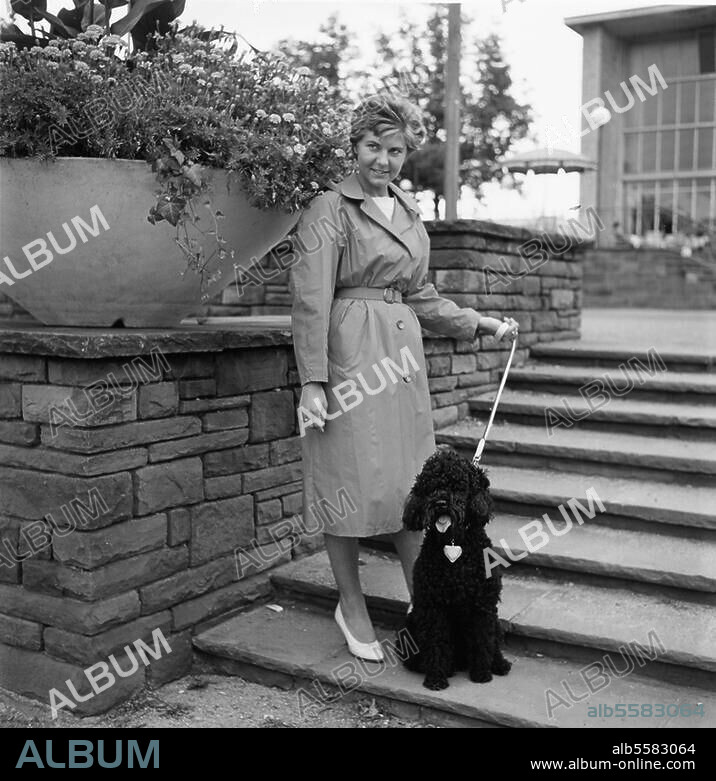 Fashion: Rain clothing, Germany, 1959. Presentation of women's fashion at the FHM (Frankfurter Herbstmesse?) 1959: Model in raincoat with poodle. Photo.