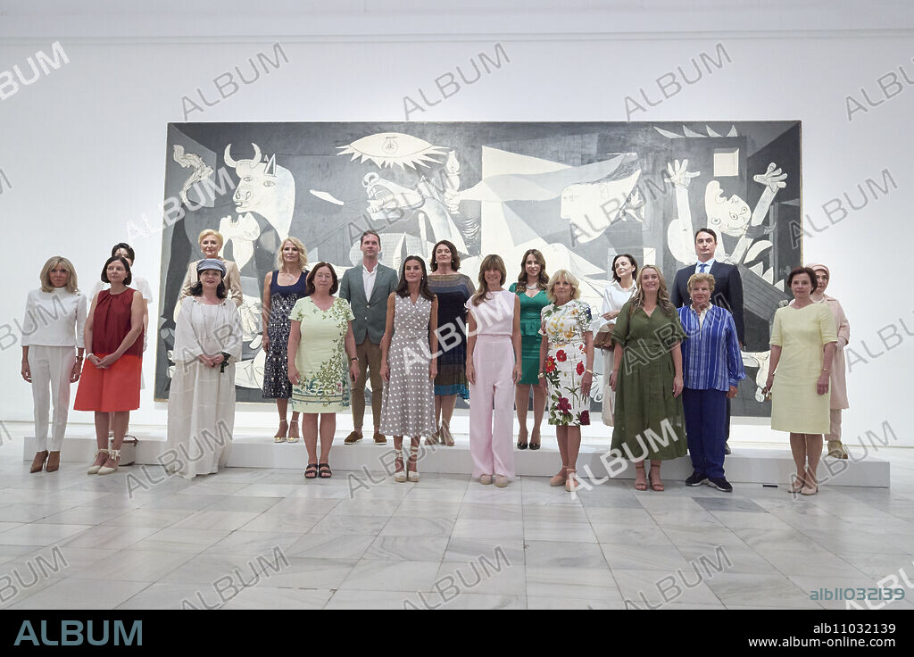 Queen Letizia of Spain, Brigitte Marie Claude Macron, Ingrid Schulerud, Jill Biden, Linda Rama, Annik Penders, Andrea Levite, Diana Nausédiené, Gauthier Destenay, Lidija Dukanovic, Elizabeta Gjorgievska, Juraj Rizman, Emine Erdogan, Jodie Haydon, Andri Anastasiades, Lydia Abela, Keon Hee Kim, Queen Letizia, Begona Gomez posed June at Reina Sofia Museum on 29, 2022 in Madrid, Spain.