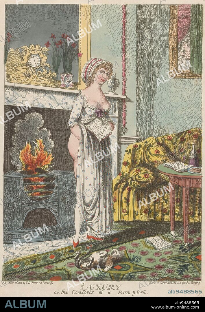 Woman warming herself by the fireplace, a book in her hand, Luxury or the Comforts of a Rumpford (title on object), Interior showing a young woman warming herself by the fireplace, her undergarments partially lifted revealing her buttocks. In her left hand she holds the 'Gothic Novel' The Monk, written by Matthew Gregory Lewis. In the interior, several references to love can be found, such as the painting with Danaë on the wall, the pendulum with putti and two open books titled: The Kisses and Oeconomy of Love., print maker: Charles Williams, publisher: Samuel W. Fores, (mentioned on object), London, Feb-1801, paper, etching, height 352 mm × width 244 mm.