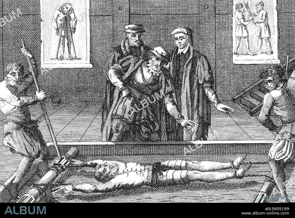 The rack is a torture device consisting of a rectangular, usually wooden frame, slightly raised from the ground, with a roller at one or both ends. The victim's ankles are fastened to one roller and the wrists are chained to the other. As the interrogation progresses, a handle and ratchet mechanism attached to the top roller are used to very gradually increase the tension on the chains, inducing excruciating pain. By means of pulleys and levers this roller could be rotated on its own axis, straining the ropes until the sufferer's joints were dislocated and eventually separated. One gruesome aspect of being stretched too far on the rack is the loud popping noises made by snapping cartilage, ligaments or bones. Confining the prisoner on the rack enabled further tortures to be simultaneously applied, typically including burning the flanks with hot torches or candles or using pincers made with specially roughened grips to tear out the nails of the fingers and toes. Usually, the victim's shoulders and hips would be separated and their elbows, knees, wrists, and ankles would be dislocated.