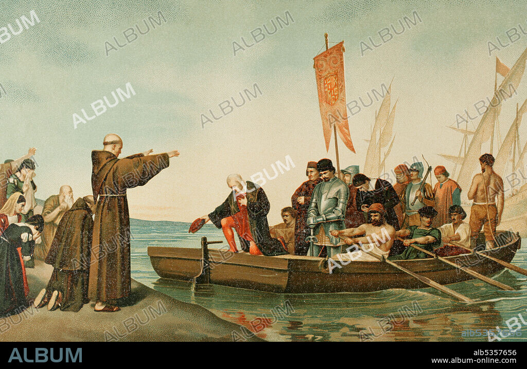 Cristóbal Colón (1451?-1506). Navegante, almirante, virrey y gobernador general de las Indias Occidentales al servicio de la Corona de Castilla. Descubridor de América. Salida de Colón del Puerto de Moguer el 3 de agosto de 1492 (copia del cuadro de A. Gisbert). Cromolitografía. Historia General de España, por Miguel Morayta. Tomo III. Madrid, 1890.