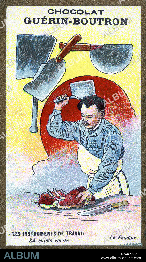 'Le Fendoir'. Chromo publicitaire Guerin-Boutron vers 1905, serie intitulee 'Les instruments de travail'. Illustration anonyme. Credit : Collection KHARBINE-TAPABOR.