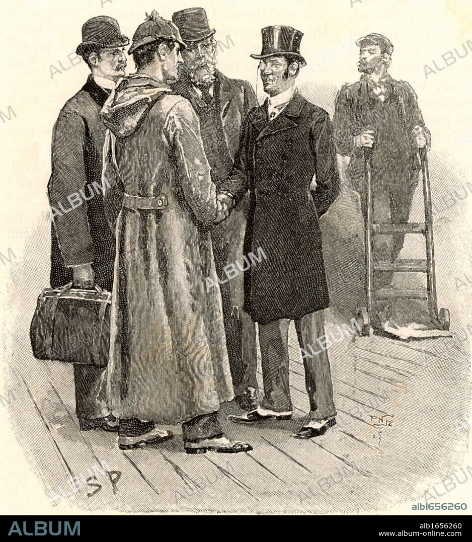 The Adventure of Silver Blaze'. Dr Watson, left, and Sherlock Holmes being greeted at Tavistock railway station by Inspector Gregory and Colonel Ross, right, owner of the missing racehorse Silver Blaze.  From "The Adventures of Sherlock Holmes" by Conan Doyle from "The Strand Magazine" (London, 1892). Illustration by Sidney E Paget, the first artist to draw Sherlock Holmes. Engraving.  (Photo by: Universal History Archive/UIG via Getty Images).