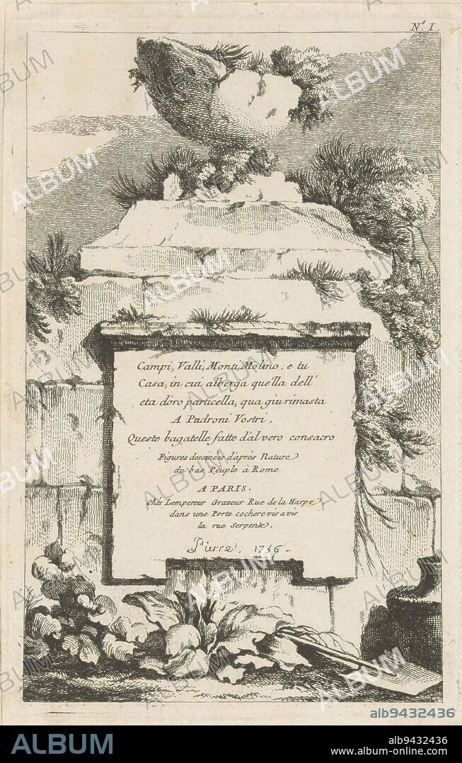 Title print with overgrown wall of a ruin, People from the poor population of Rome (series title), Figures dessinées d'après nature du bas peuple à Rome (series title on object), print maker: Jean Baptiste Marie Pierre, (mentioned on object), publisher: Louis Simon Lempereur, (mentioned on object), Paris, 1756, paper, etching, height 179 mm × width 115 mm.