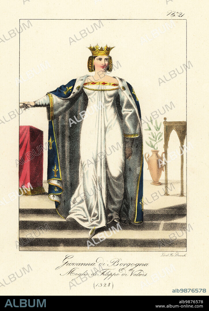 Joan of Burgundy, or Joan the Lame,1328. Queen of France as the first wife of King Philip VI. In gold crown with gold mesh caul, blue mantle with gold fleurs-de-lys and ermine lining, white gown and slippers. Jeanne de Bourgogne. Femme de Philippe de Valois. Handcoloured lithograph by Lorenzo Bianchi after Hippolyte Lecomte from Costumi civili e militari della monarchia francese dal 1200 al 1820, Naples, 1825. Italian edition of Lecomtes Civilian and military costumes of the French monarchy from 1200 to 1820.