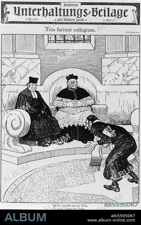 Religion / Karikatur. "Tres faciunt collegium. Ich sei, gewährt mir die Bitte, in eurem Bunde der Dritte". (Antiklerikale Karikatur: Protestant, Katholik und Jude). Zeichnung von Hans Gabriel Jentzsch. Aus: Der Wahre Jacob, Nr. 654, Stuttgart. (J.H.W.Dietz) 15. August 1911, S. 7169. Berlin, Sammlung Archiv für Kunst und Geschichte.