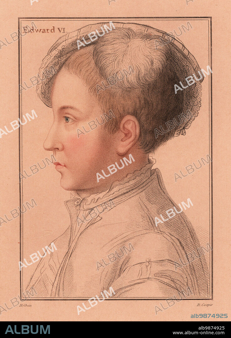 King Edward VI of England, 1537-1553. Son of Henry VIII and Jane Seymour. Handcoloured copperplate stipple engraving by Robert Cooper after a portrait by Hans Holbein the Younger from Imitations of Original Drawings by Hans Holbein, John Chamberlaine, London, 1812.