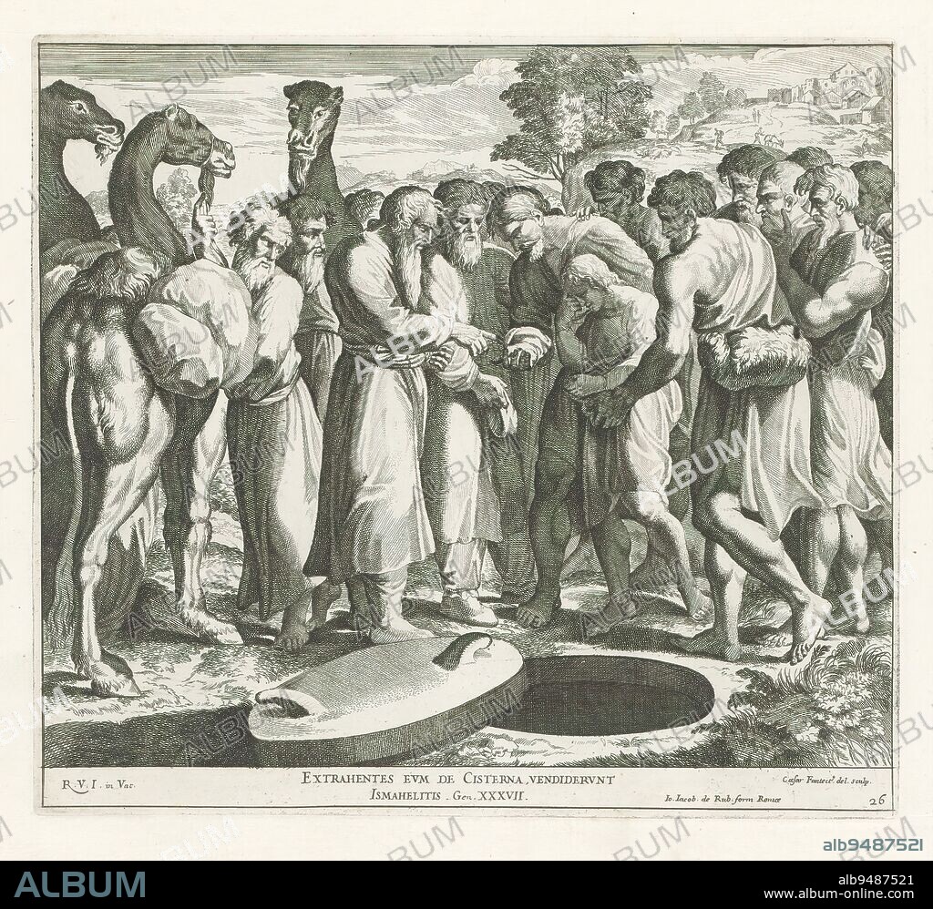 Joseph sold by his brothers, Raphael Bible (series title), Paintings in Raphael's Loggia (series title), Imagines Veteris ac Novi Testamenti (series title), Joseph is sold by his brothers to a group of merchants at the well. Bible verse below the image. Print is part of an album., print maker: Cesare Fantetti, (mentioned on object), after drawing by: Cesare Fantetti, (mentioned on object), after painting by: Rafaël, (mentioned on object), print maker: Italy, after drawing by: Italy, after painting by: Vaticaanstad, publisher: Rome, Vaticaanstad, 1675, paper, etching, height 255 mm × width 283 mm.