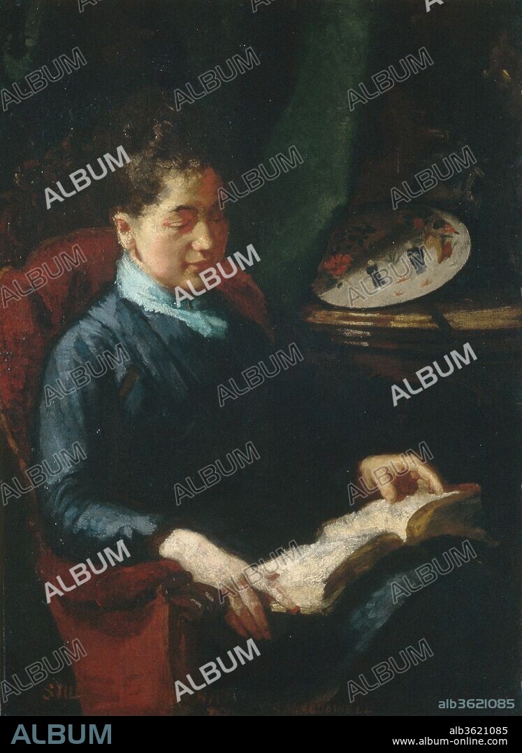 Woman Reading. Artist: Susan Macdowell Eakins (1851-1938). Dimensions: 38 x 28 in. (96.5 x 71.1 cm). Date: 1879-84.
Susan Macdowell, a former student of Thomas Eakins's at the Pennsylvania Academy of the Fine Arts, married him in 1884. Primarily a portraitist, she frequently depicted family members in interior settings. Her model here may have been her sister Elizabeth, whose future husband would appear as "The Thinker" in 1900 (17.172). The fan resting on the table reflects Susan Eakins's interest in Japanese art, which is also signaled by the book of prints she holds in her husband's portrait of her (23.139). After her marriage, Susan Eakins gave up painting to devote herself to assisting her husband and, later, establishing his reputation.