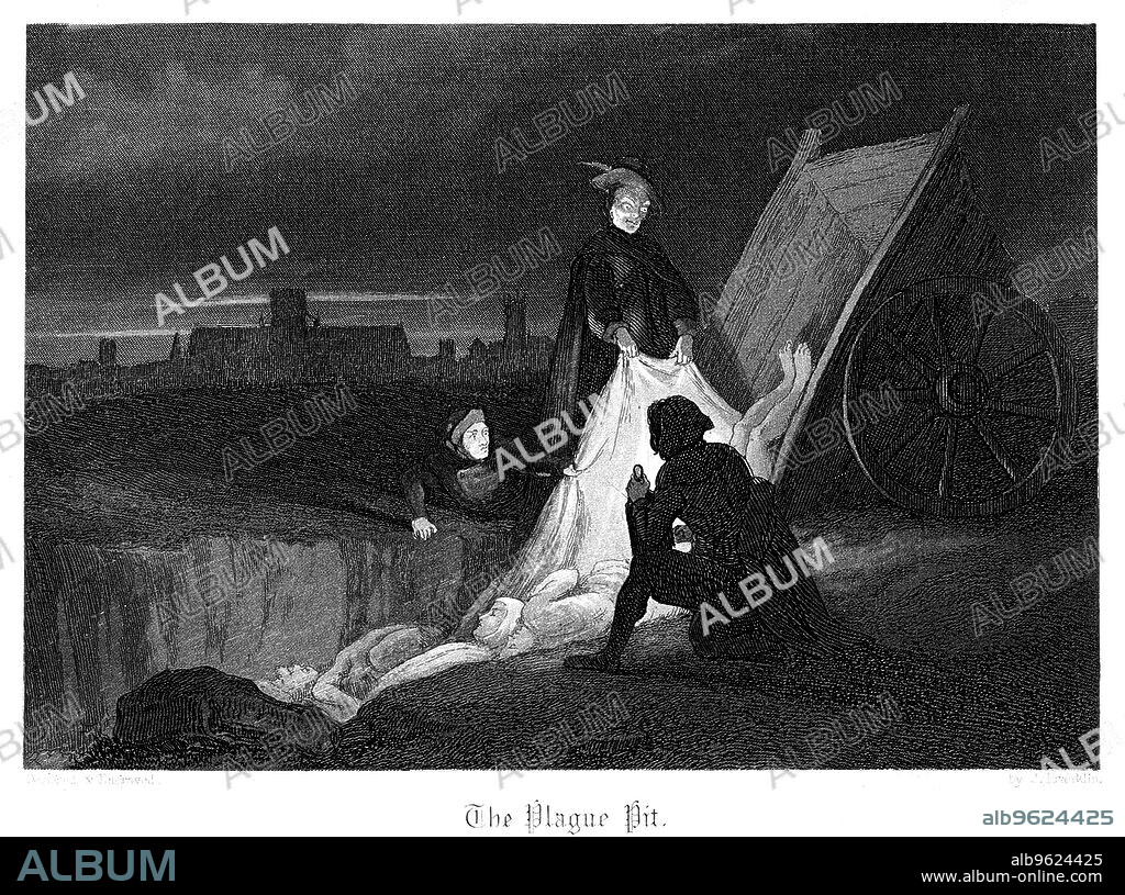 JOHN FRANKLIN. 'The Plague Pit', 1855. Consigning bodies of victims of the plague to a communal grave during the Plague of London, 1665. From Old Saint Pauls by W Harrison Ainsworth. (London, 1855, first published 1841).