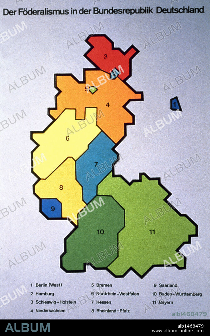 REPUBLICA FEDERAL DE ALEMANIA (1949-1990). Mapa de los nueve estados federados ("Länder") .