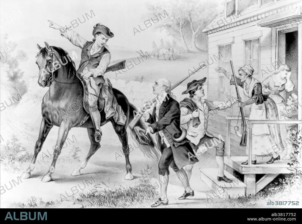 Minutemen were private colonists during the American Revolutionary War who independently organized to form well-prepared militias, self-trained in weaponry, tactics and military strategies. They were known for being ready at a minute's notice, providing a highly mobile, rapidly deployed force that allowed the colonies to respond immediately to war threats. The minutemen were among the first to fight in the American Revolution. Their teams constituted about a quarter of the entire militia. Minuteman and Sons of Liberty member Paul Revere were among those who spread the news that the British Regulars (soldiers) were coming out from Boston. Published by Currier & Ives, 1876.