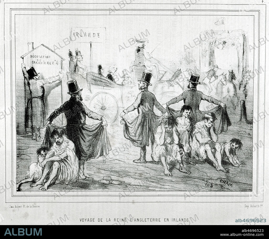 'Revue de la Reine d'Angleterre en Irlande' : on cache la famine a la Reine Victoria (1819-1901). Caricature par CHAM (1819-1879) tiree du Charivari en 1849. Credit : Collection Grob/KHARBINE-TAPABOR.