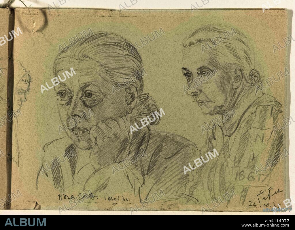 Portretten van Dora en Titia Gorter. Dora Gorter / Titia (title on object). Draughtsman: To Frank-Stoltz. Dating: 24-Oct-1943 - 1-May-1944. Place: Ravensbrück. Measurements: h 150 mm × w 205 mm.