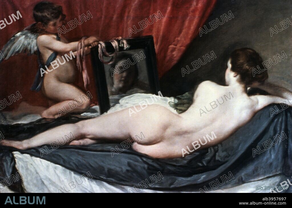 'The Toilet of Venus' ('The Rokeby Venus'), 1647-1651. Venus, the goddess of love, was the most beautiful of the goddesses, and was regarded as a personification of female beauty. She is shown here with her son Cupid, who holds up a mirror for her to look both at herself and at the viewer. From the collection of the National Gallery, London, England.