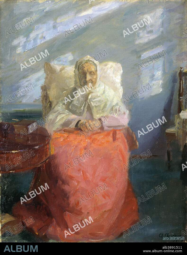 ANNA ANCHER. Mrs Ane Brøndum in the blue room. Date/Period: 1913. Painting. Oil on canvas. Height: 55.8 cm (21.9 in); Width: 42.7 cm (16.8 in).