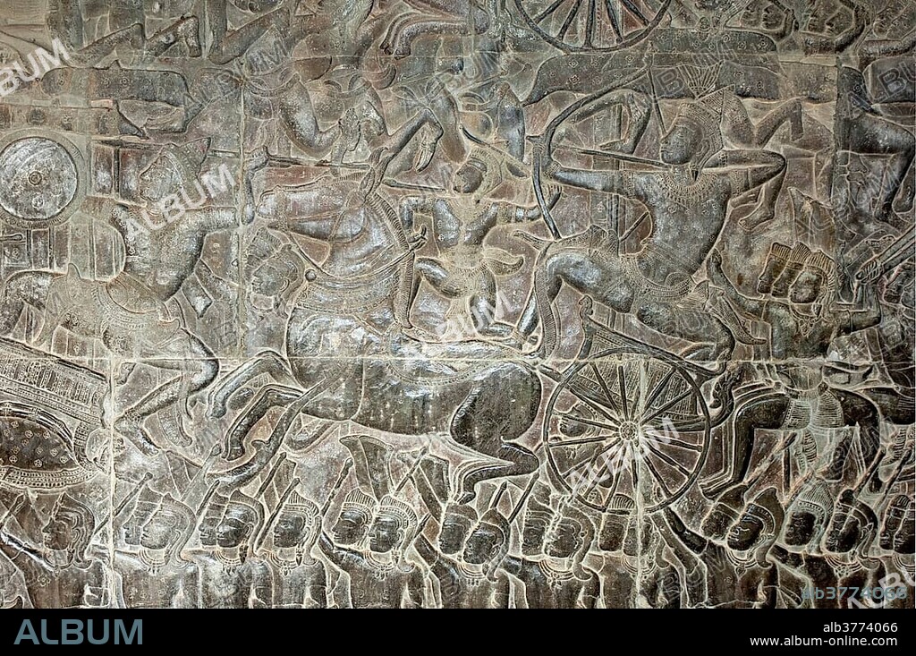 Part of the bas-relief in the West Gallery depicting scenes of the battle of Kurukshetra from the Hindu epic Mahabharata, Angkor Wat temple complex, Angkor, Cambodia, Southeast Asia, Asia