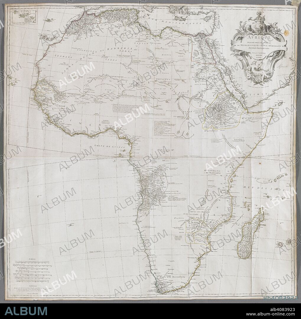 D'ANVILLE. A map of Africa. AFRIQUE : PUBLIÃ‰E SOUS LES AUSPICES DE MONSEIGNEUR LE DUC D'ORLEANS PRÃ‰MIER PRINCE DU SANG. Paris : [Jean Baptiste Bourguignon dâ€™Anville] chÃ©s l'Auteur aux Galeries du Louvre., [1749.]. Source: Maps K.Top.117.18.2.tab. Language: French.